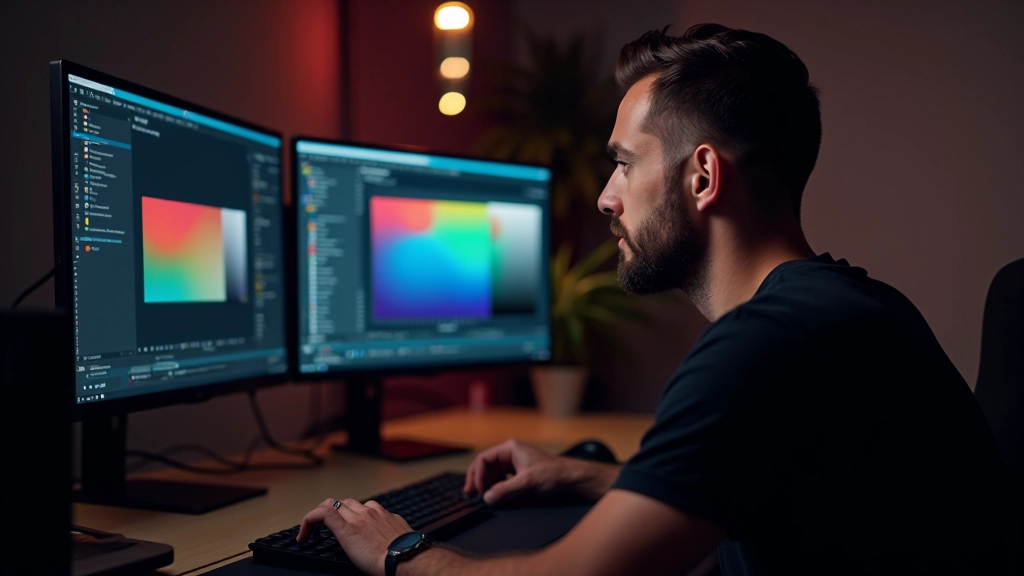 Designer trabalhando com paleta de cores em tela dupla, monitor exibindo software de animação com espectro de cores visível