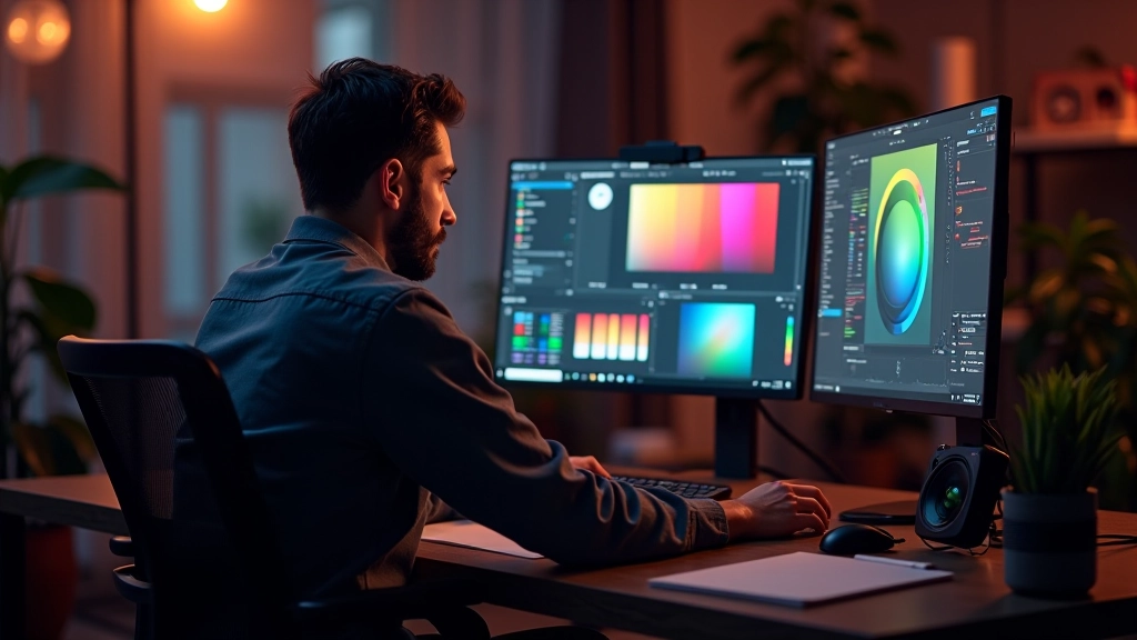 Designer profissional trabalhando com paleta de cores em software de animação, tela dupla com espectro cromático visível, ambiente de estúdio moderno